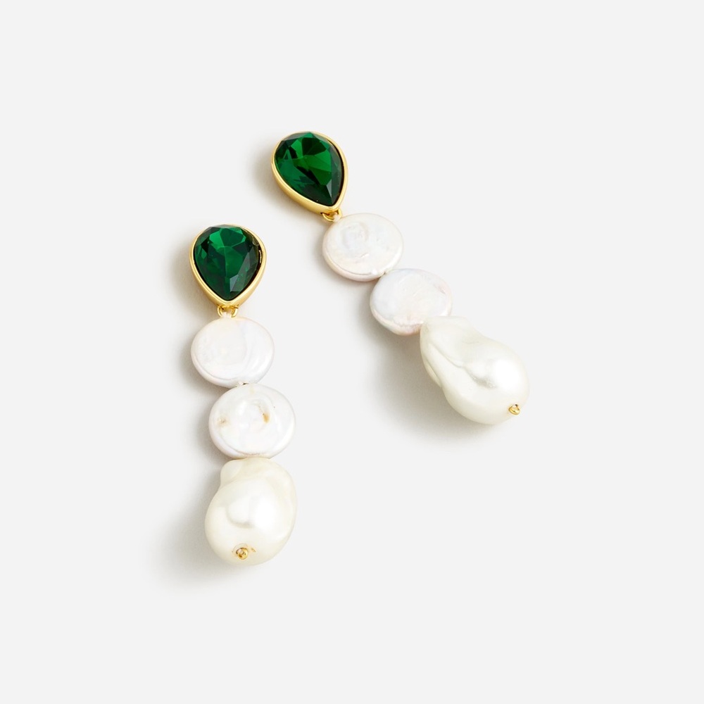 New J.Crew Emerald Green Gold Drop Pearl Coastal Wedding Bridal Earrings